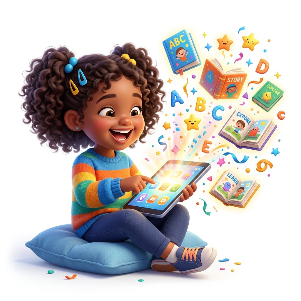 Niña feliz aprendiendo con una tablet brillante y libros voladores